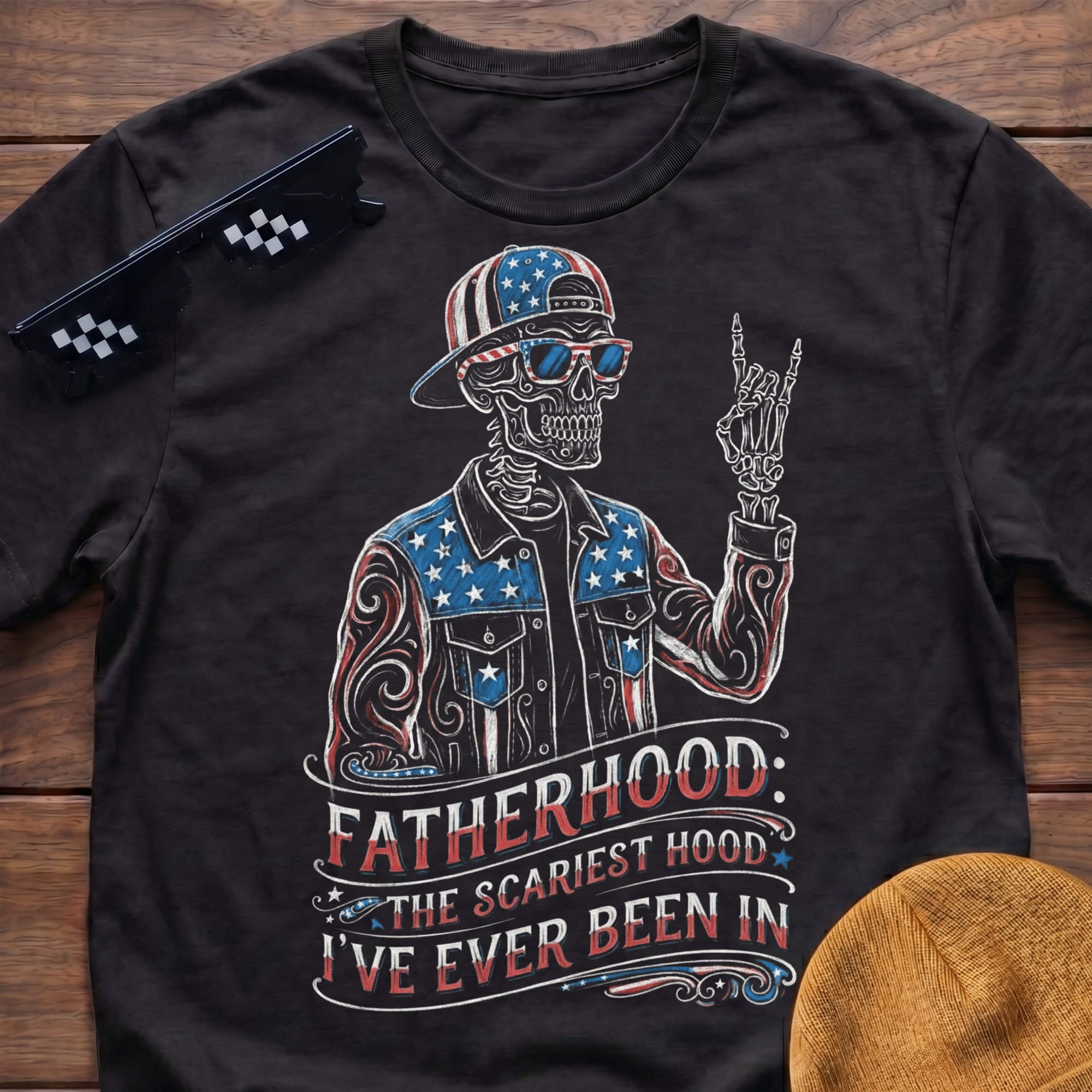 Fatherhood The Scariest Hood Patriotic Skeleton T-shirt