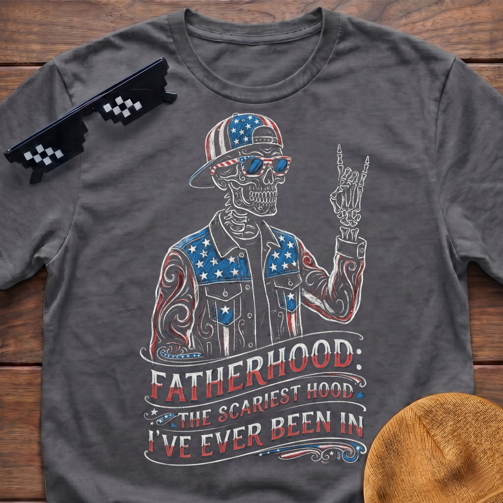 Fatherhood The Scariest Hood Patriotic Skeleton T-shirt