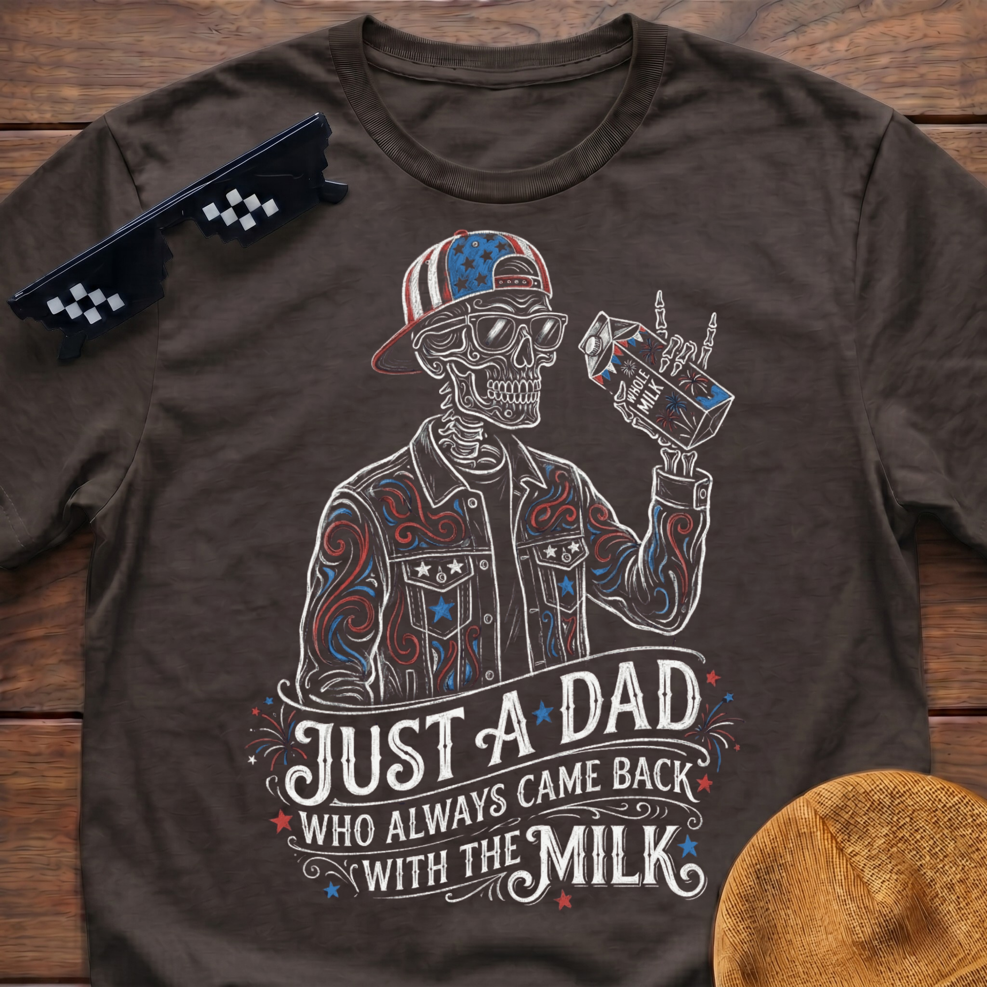 Skeleton Just A Dad Who Always Came Back With The Milk Patriotic T-shirt