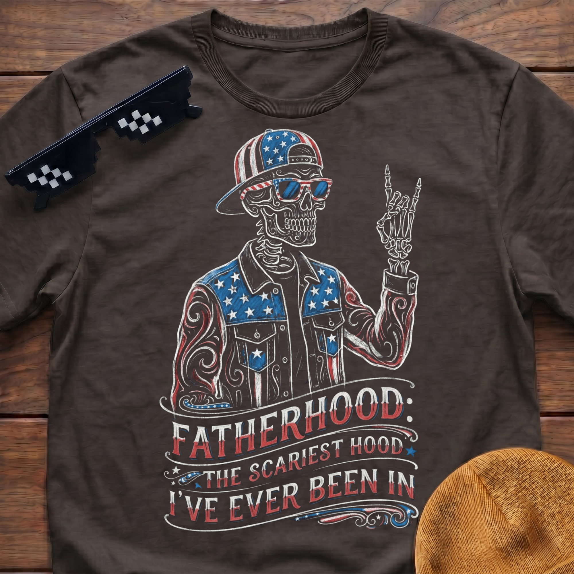 Fatherhood The Scariest Hood Patriotic Skeleton T-shirt