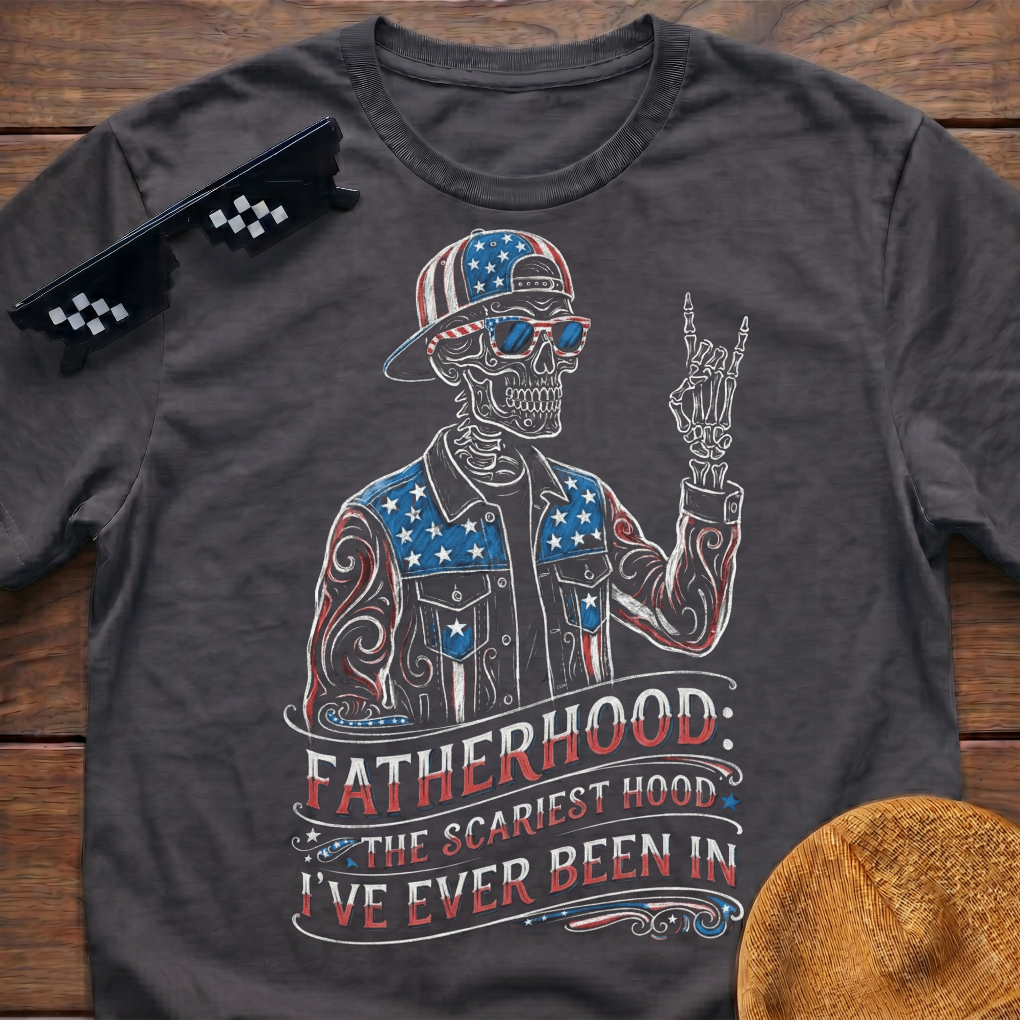 Fatherhood The Scariest Hood Patriotic Skeleton T-shirt