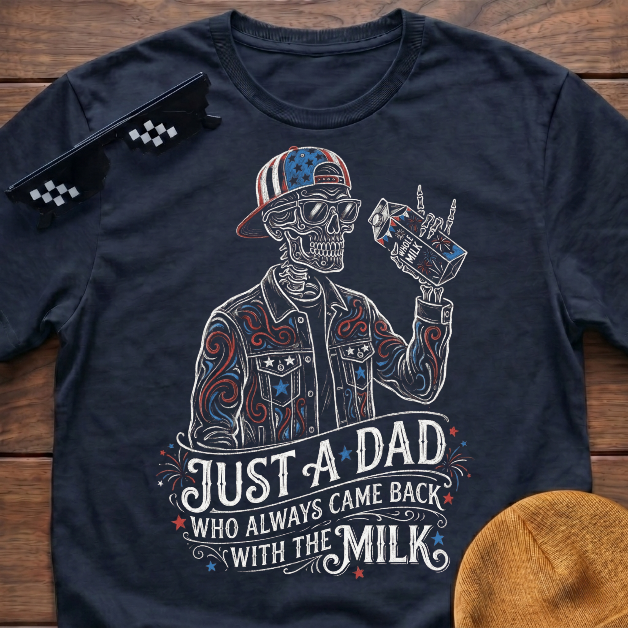 Skeleton Just A Dad Who Always Came Back With The Milk Patriotic T-shirt
