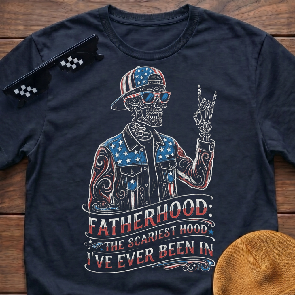 Fatherhood The Scariest Hood Patriotic Skeleton T-shirt