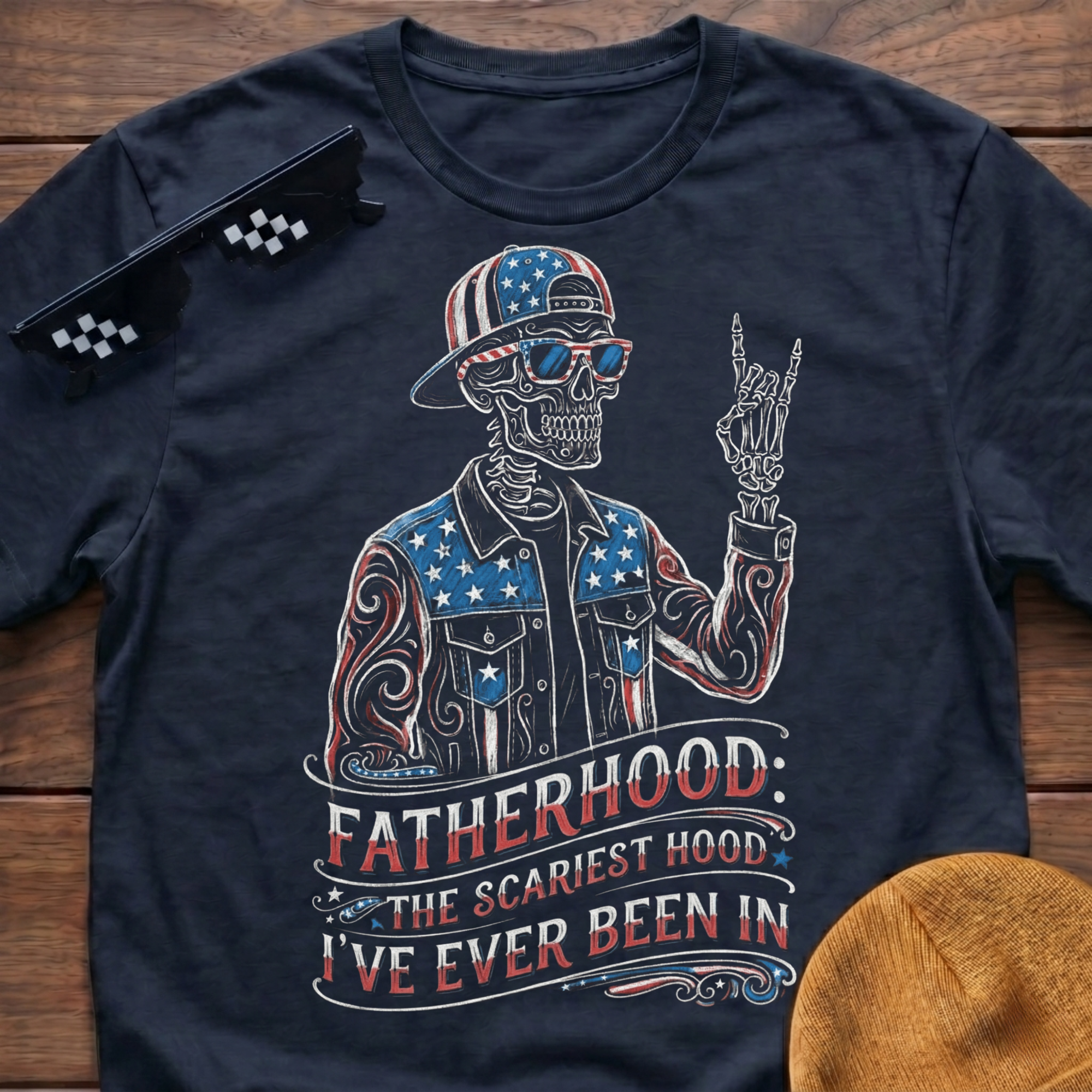 Fatherhood The Scariest Hood Patriotic Skeleton T-shirt