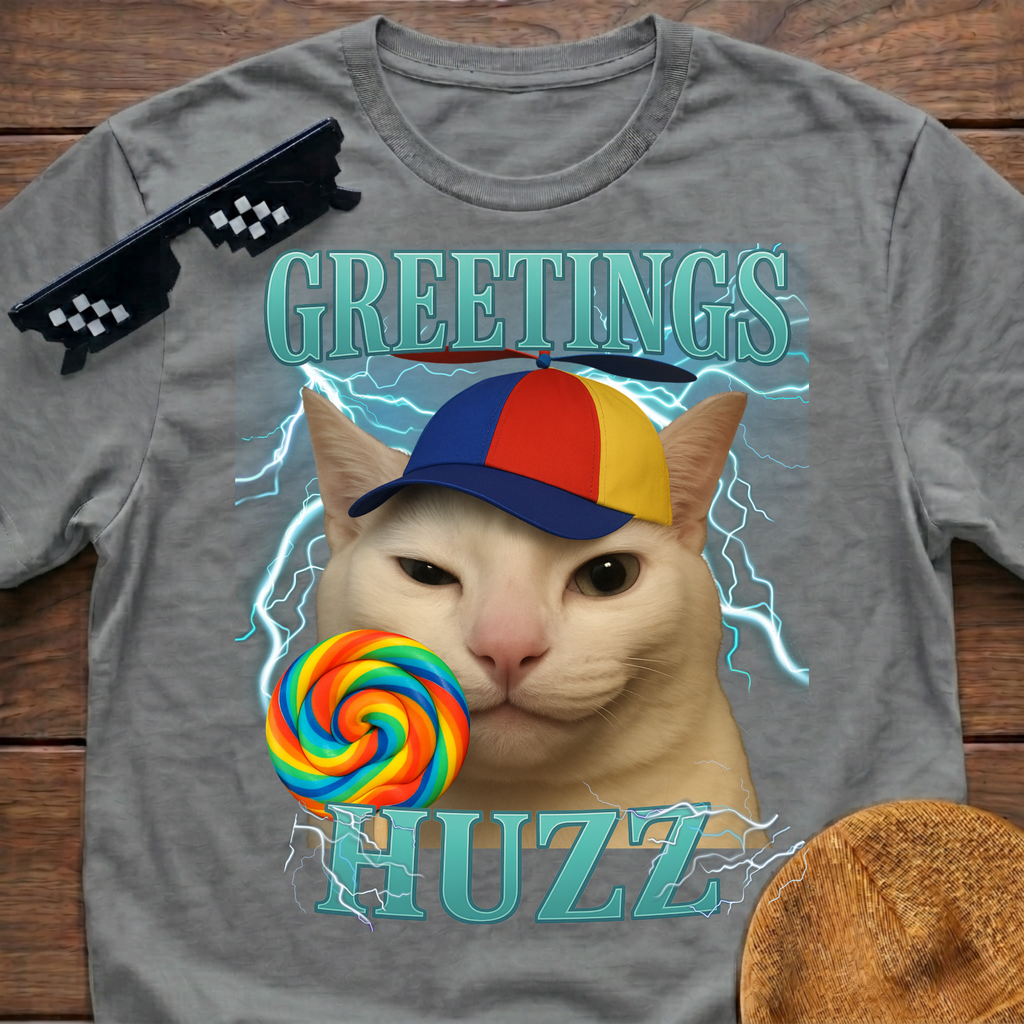 Greetings Huzz Meme Funny Cat Meme T-shirt