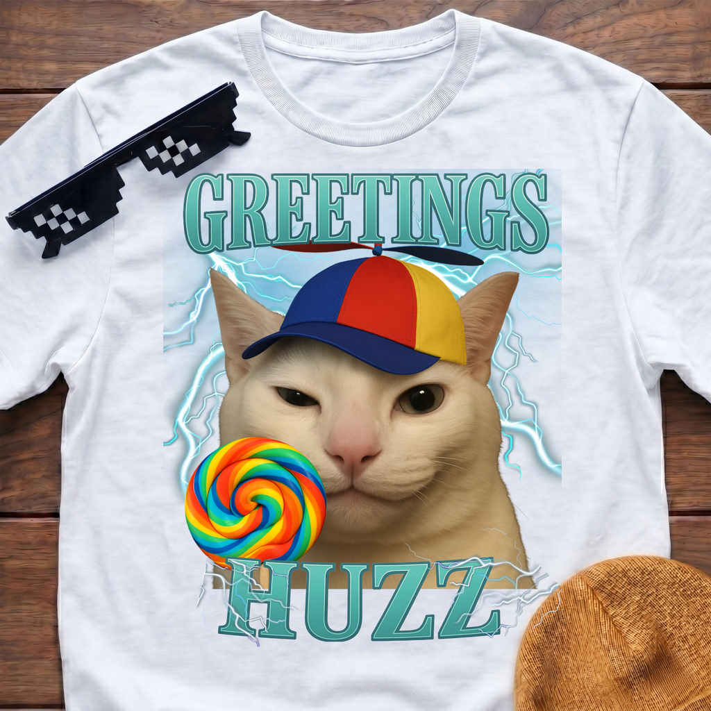 Greetings Huzz Meme Funny Cat Meme T-shirt